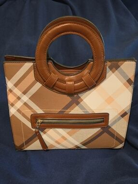 Plaid Brown Circular-Handle Tote Bag